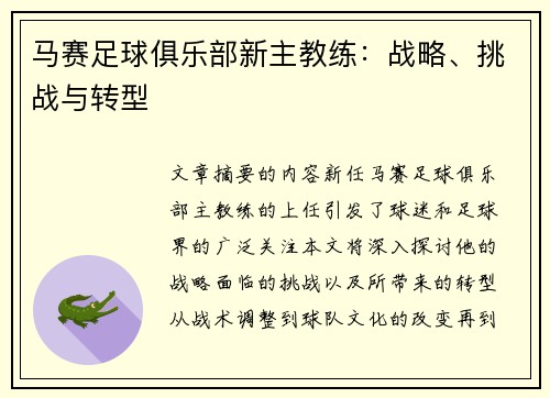 马赛足球俱乐部新主教练：战略、挑战与转型
